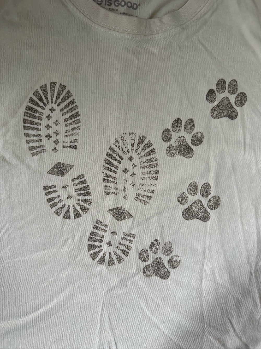 Life Is Good Long Sleeve Tee, Cream, Large, “Dog Walker” Paw & Bootprint Design